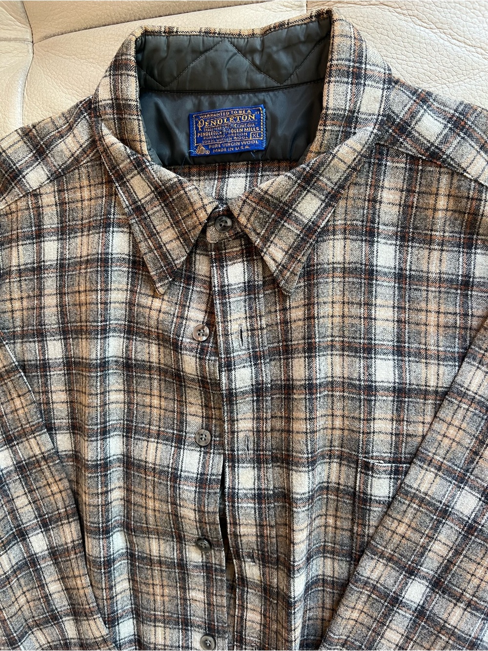 Pendleton Brown and Cream Plaid Wool Button-Down Shirt